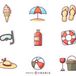 Flat Stroke Summer Icons (9 Icons, AI)